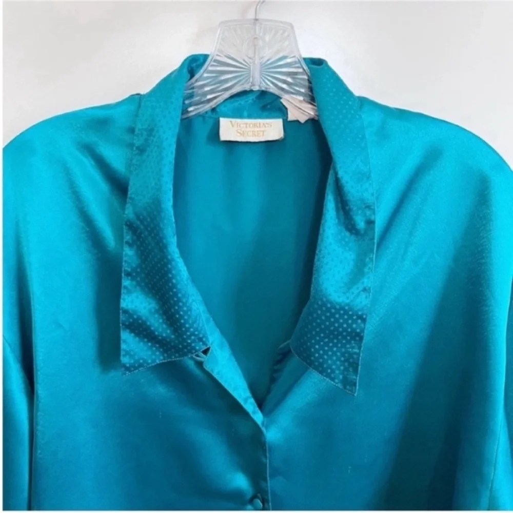 Victoria's Secret pajama top teal blue satin button front vintage gold label